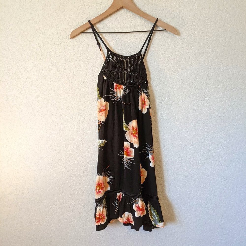 Volcom Black & Tropical Print High Neck Strappy Back Sundress S